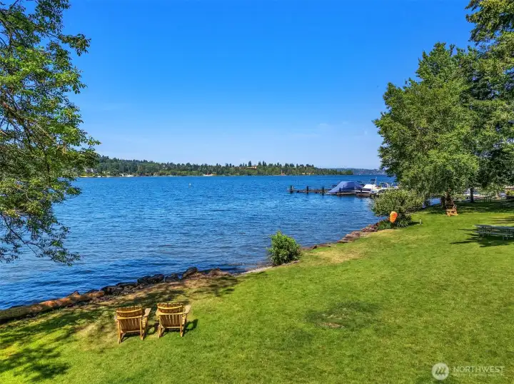 Village life with the Bellevue skyline in the distance — downtown is under ten minutes away, but the shoreline here feels like a summer camp that never closed.