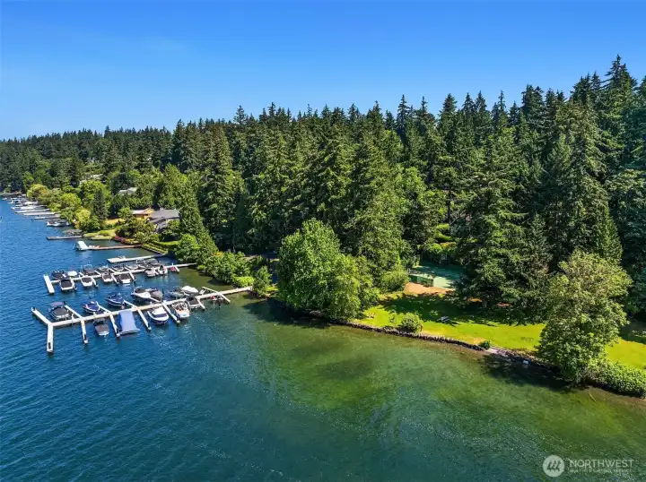 The community waterfront includes a tennis and sport court, swim beach, and picnic lawn beneath the firs — the heart of Beaux Arts Village's shared life.