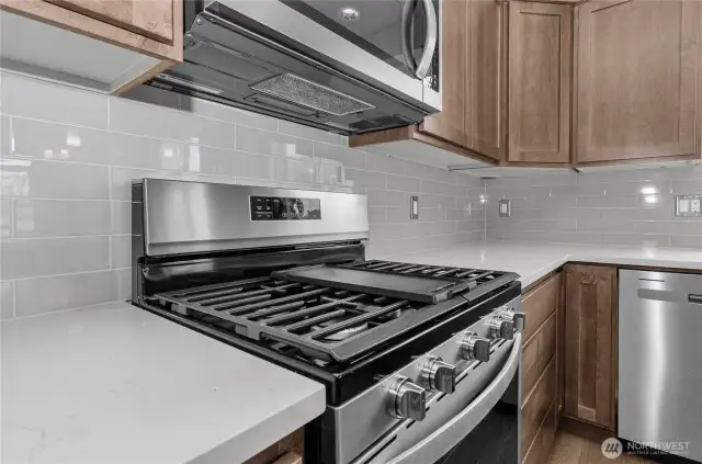 sleek and modern backsplash and quartz counters