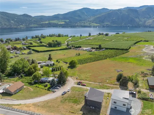 Aerial view of property overlooking Lake Chelan.