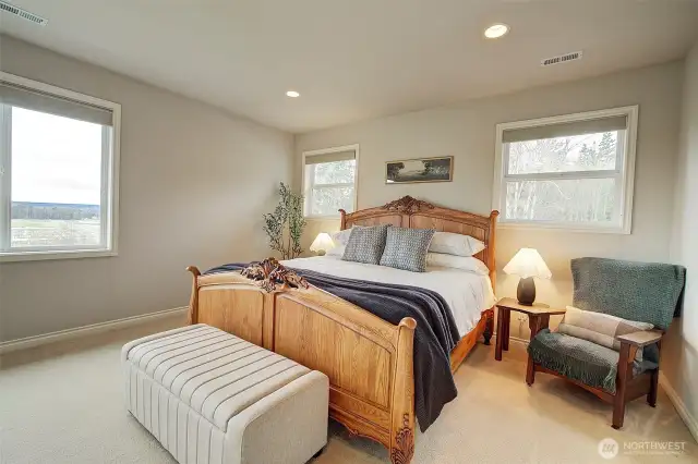 Huge primary bedroom is filled with tons of natural light