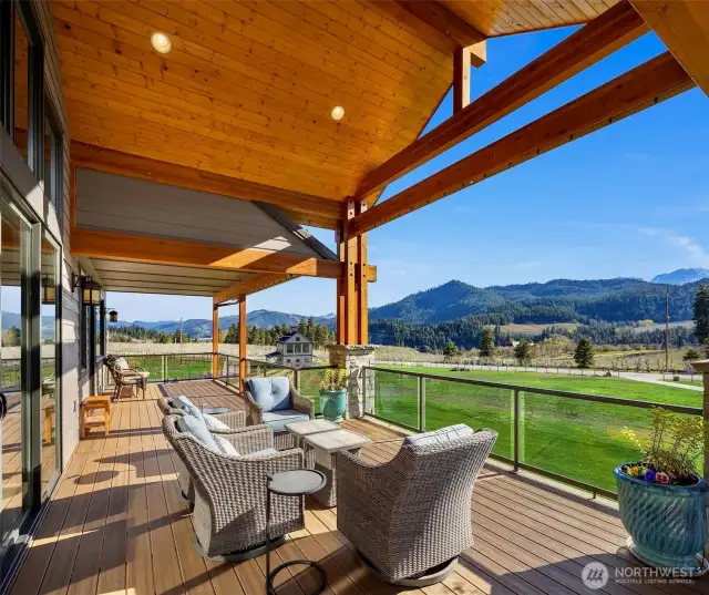 Knotty Pine Covered Spacious Deck, Multiple seating areas, access to Primary