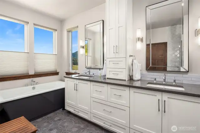 Heated tile floors, double vanity