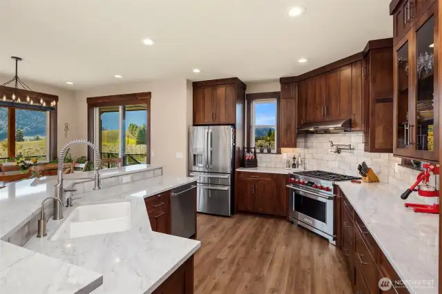 Wolf gas cooktop, electric oven, pot filler, quartz countertops.