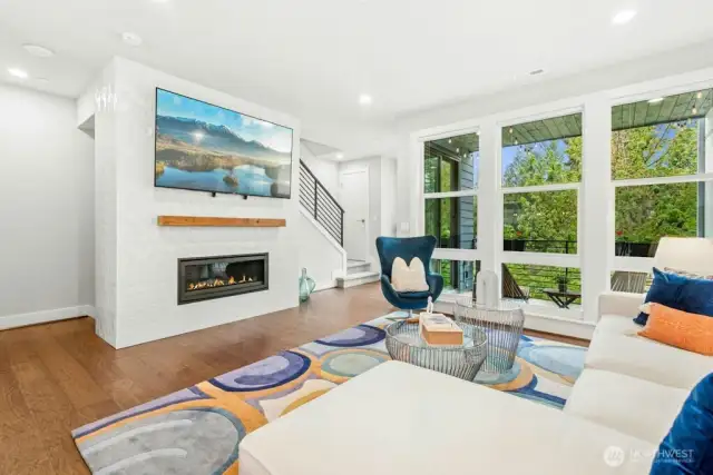 Rave gas fireplace with tile wall surround