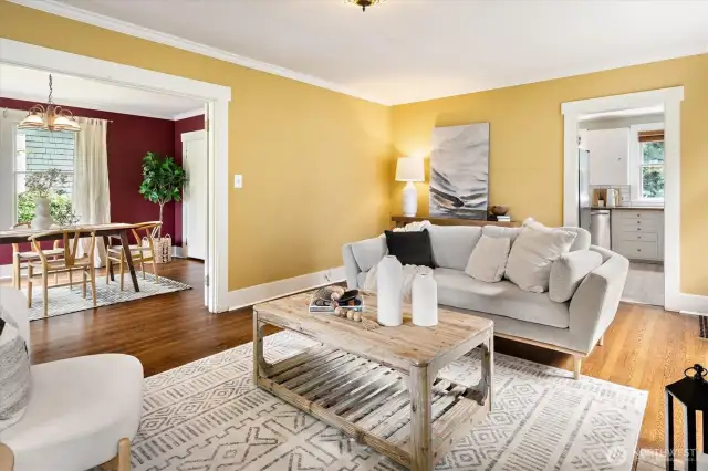 Living room, dining room and doorway to the kitchen.