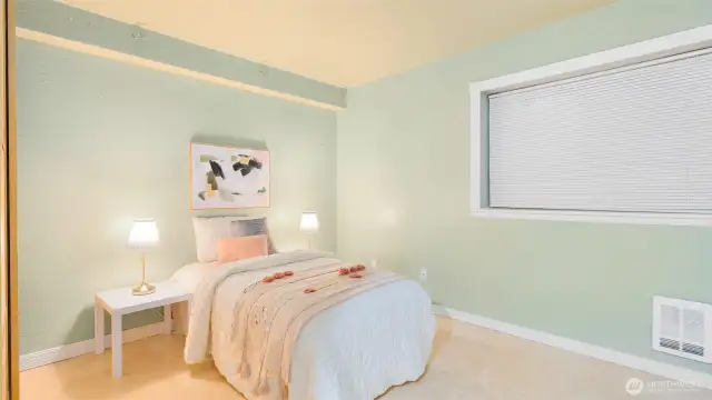 The second bedroom is tucked away on the lower level and is generously-sized, with space for a full bedroom setup, work-from-home area, or creative studio space!