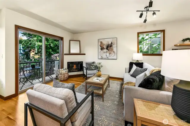 Living room with electric fireplace.