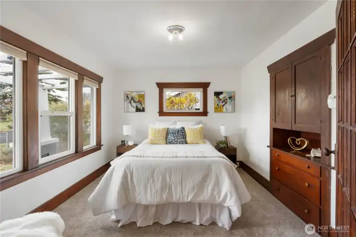 Bedroom 1 with new carpet and built-in storage