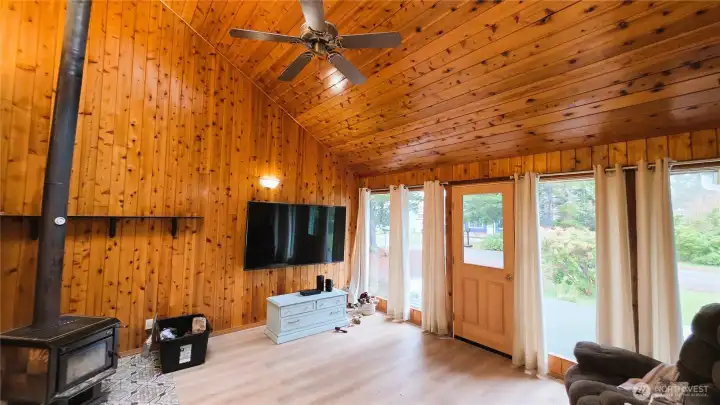 Family room with front door out to west facing deck.