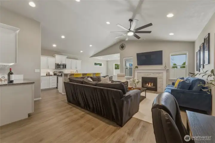 Living Room Flows to Kitchen and Dining Room