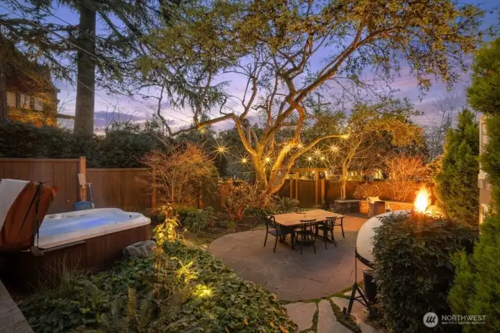Gas plumbed firepit, hot tub, Italian pizza oven and sprinkler system throughout the gardens.