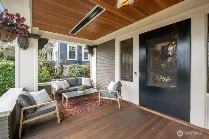 Rebuilt the covered front porch, added Ipe deck floor, fir ceiling and heater for year round comfort.