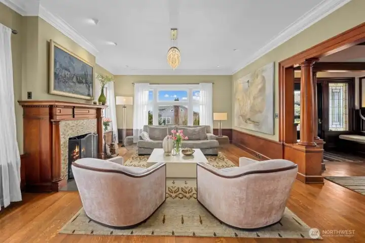 The formal sitting room with views to the east of Lake Washington and the Cascade mountains.