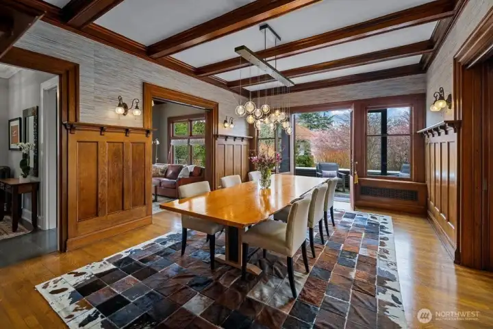 Box beam ceilings, oak wainscot panels ~ perfect room to entertain guests for dinner.