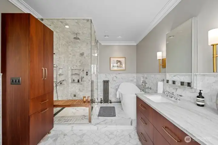 The primary bathroom was dramatically increased in size by utilizing a bedroom on the 2nd floor.