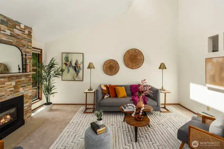 Another view of the living room with the gorgeous modern brick fireplace!