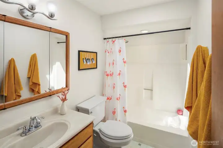 The hallway bathroom has a skylight and is spacious!