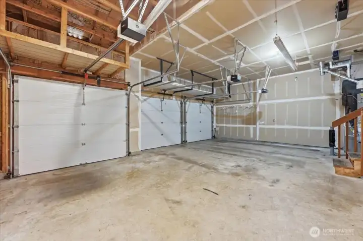 Large 3-car garage with ceiling storage