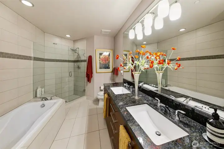 spacieous primary bath with double vanity and oversized tub and shower spacieous primary bath with double vanity and oversized tub and shower