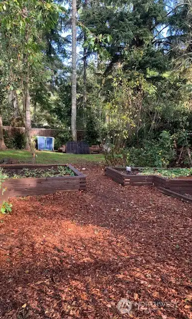 In the backyard, raised beds lead to the lawn.