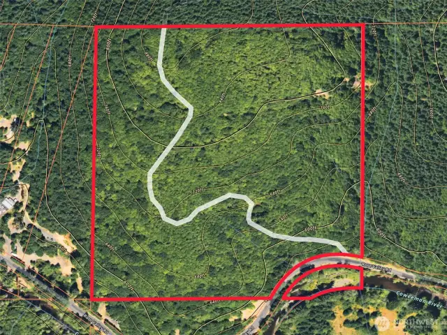 Overhead view with approximate boundaries in red. An approximation of the old road system is noted in white.
