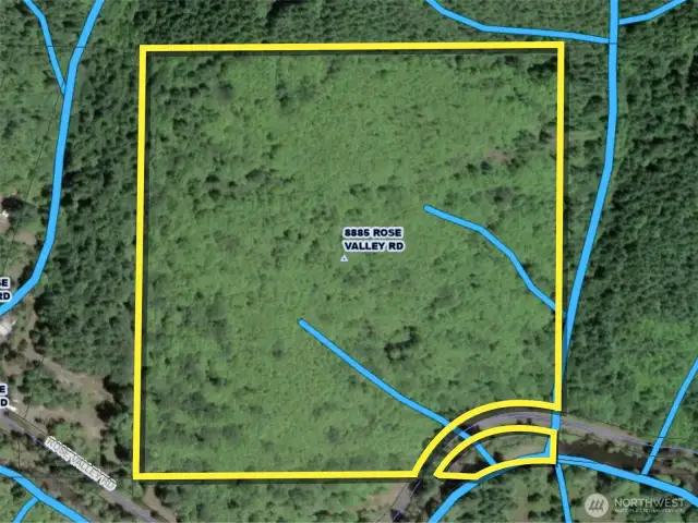 Approximate boundaries in yellow with waterways in blue.