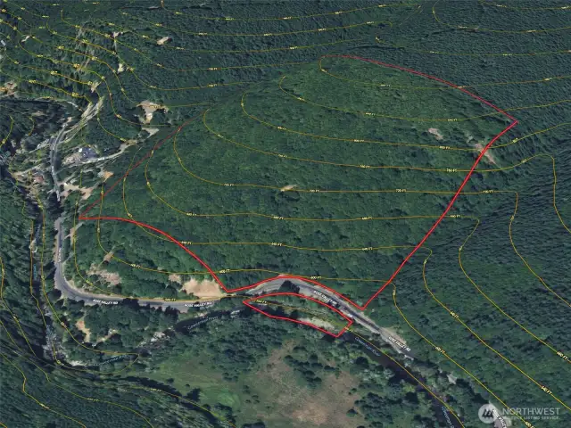 Approximate boundaries in red with topography.