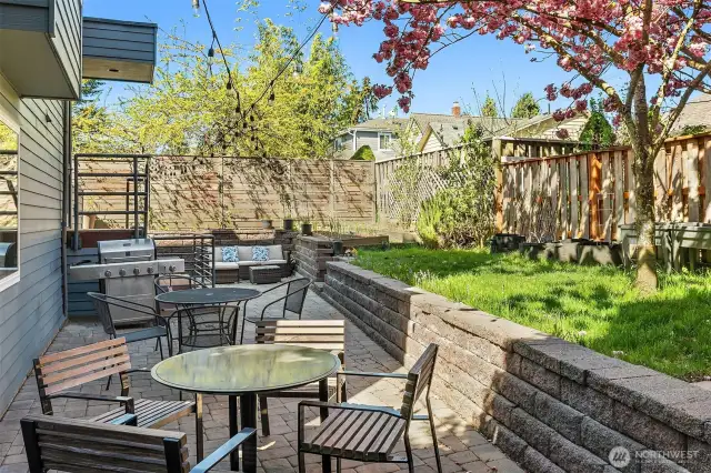 Community garden and patio space.