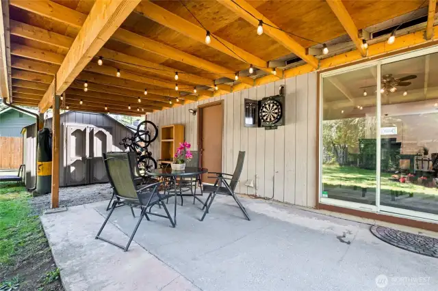 Covered patio for enjoying the private setting year round