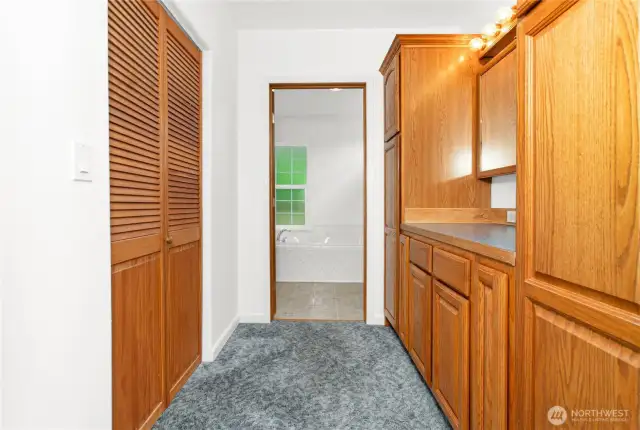 The walkway inside the primary bedroom leading to the ensuite bathroom includes a large walk-in closet, built in cupboards and drawers and a mirror with vanity lighting.