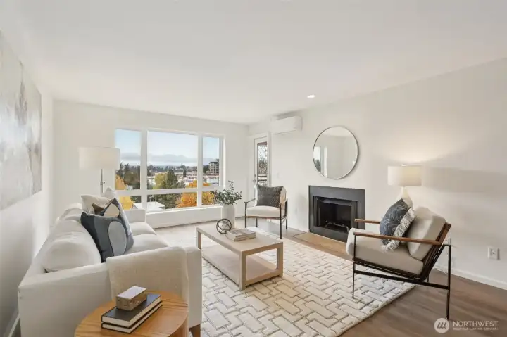 Living room with wood burning fireplace