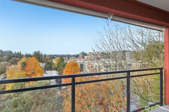 Balcony with view of Seattle skyline and Lake Washington