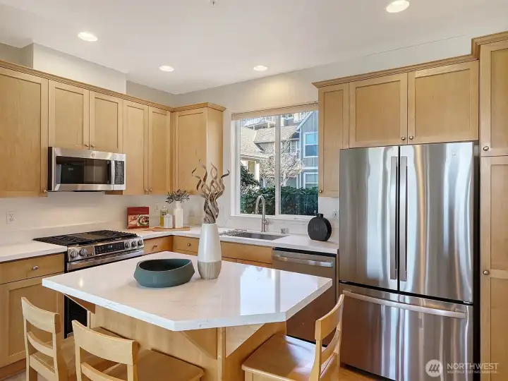 The remodeled kitchen offers new appliances including a gas range, new quartz counters, and a walk-in pantry next to it.