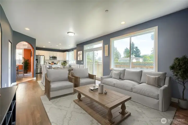 Family room looking into kitchen.
