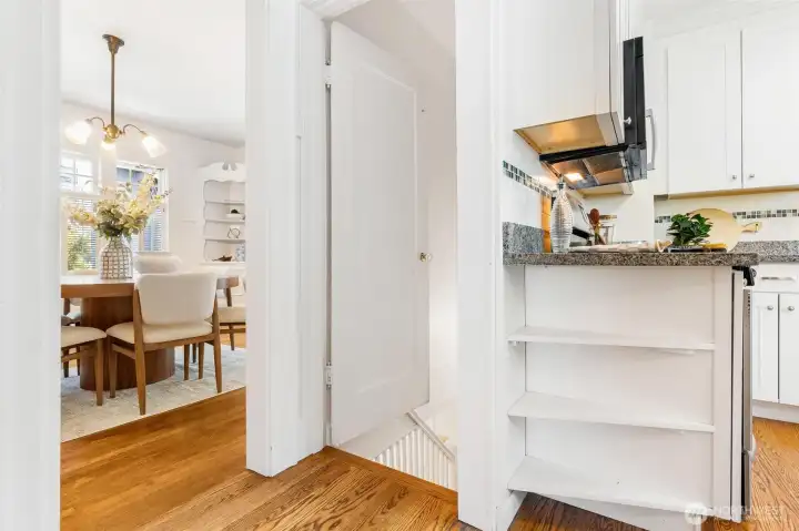 Seamless flow from the formal dining area to the kitchen.