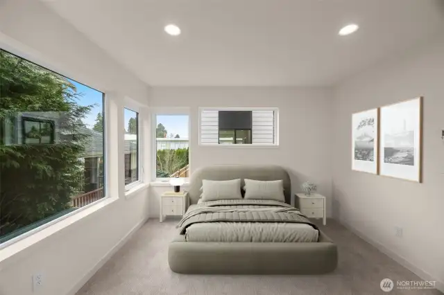 This image is virtually staged. Another light-filled bedroom with corner windows offering views and privacy—perfect as a guest room or home office.