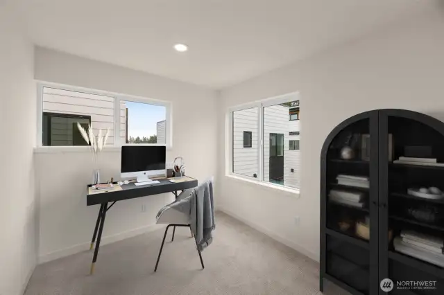 This image is virtually staged. This bedroom with bright windows and clean lines—ready for your creative layout.