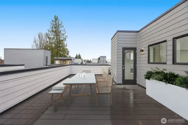 This image is virtually staged. Your private rooftop deck awaits—spacious, sunny, and ready for summer BBQs or serene sunset lounging.