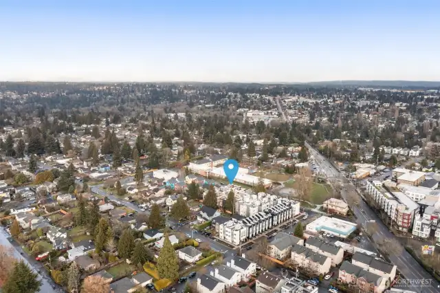 An aerial view shows your future home in a connected, active, and growing neighborhood.