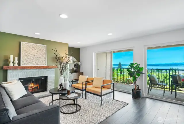 Your living room has a wood burning fireplace.
