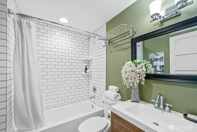 The primary bathroom has been freshly remodeled.
