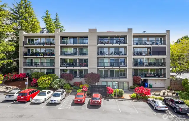 Assigned parking space behind the building with entrance at the mailbox level. An elevator and 2 stairwells provide access up.  There is a community room with kitchen, large party space, and bathroom.
