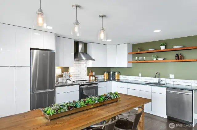 Euro inspired with soft close cabinetry, & pull out drawers in the pantry closet (seen on far left in this picture)