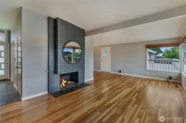 Another view of the living room fireplace