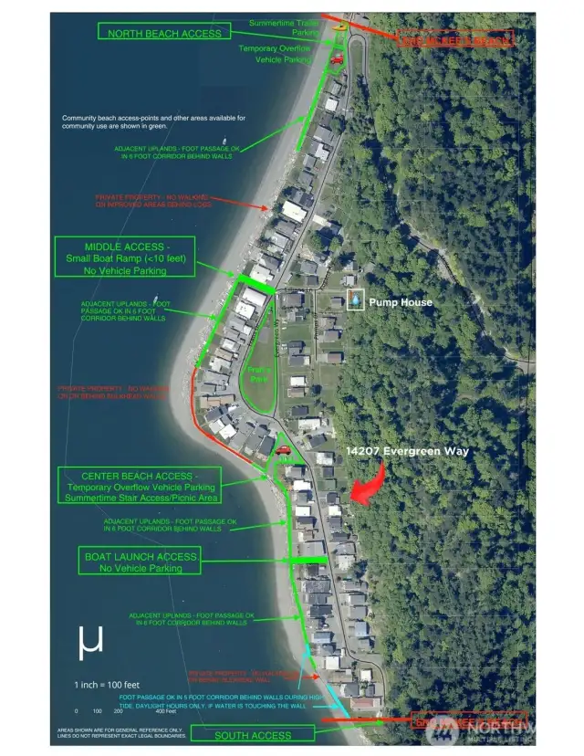 This is the McKee's Beach Community Map showing the beach access points and the boat launches. The beach itself is accessable to all residents. There are some bulkheads that do not allow residents to walk on or behind them.