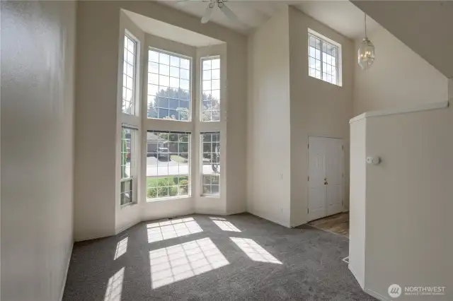 Entry and living room.  Lots of windows provide natural lighting, high vaulted ceilings