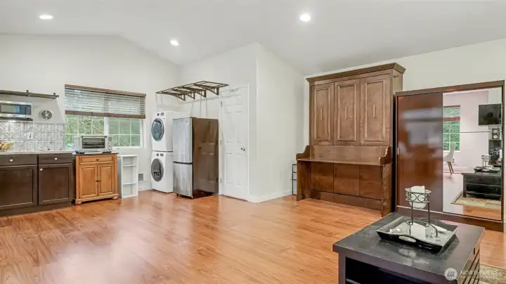 ADU offers vaulted ceilings, recessed lighting, kitchenette, in-unit washer and dryer, and 3/4 bathroom.