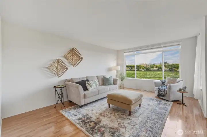 The living room is very spacious with south light streaming in!