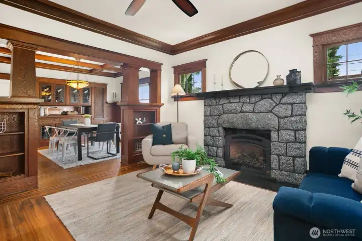 Look at the beautiful craftsmanship with the built-ins in the living and dining room.